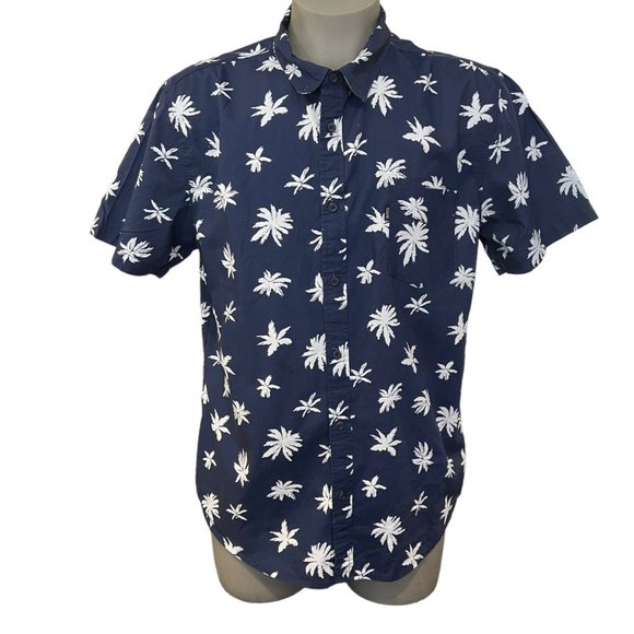 Caliville Shirt Mens XXL Navy Blue Palm Printed Button Front Short Sleeve - Picture 1 of 9